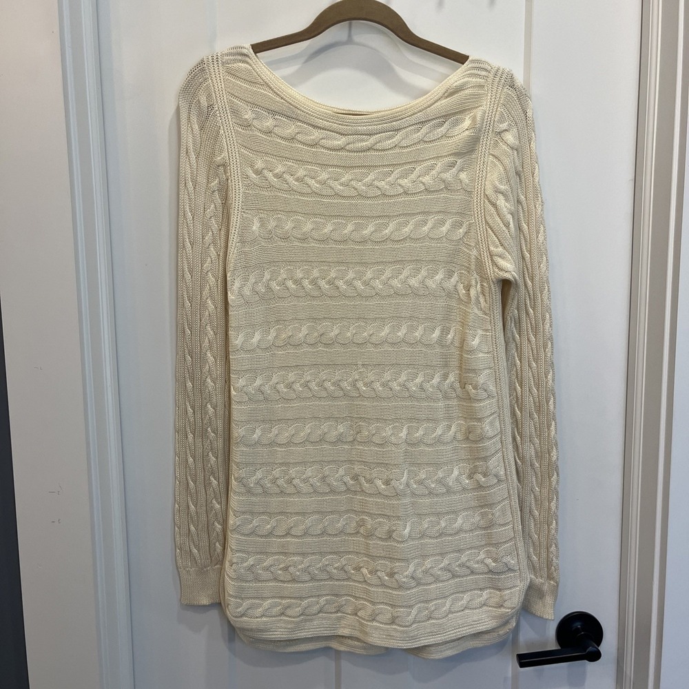 Lauren Ralph Lauren Cream Slinky Cable Knit Sweater Boat Neckline Size Medium